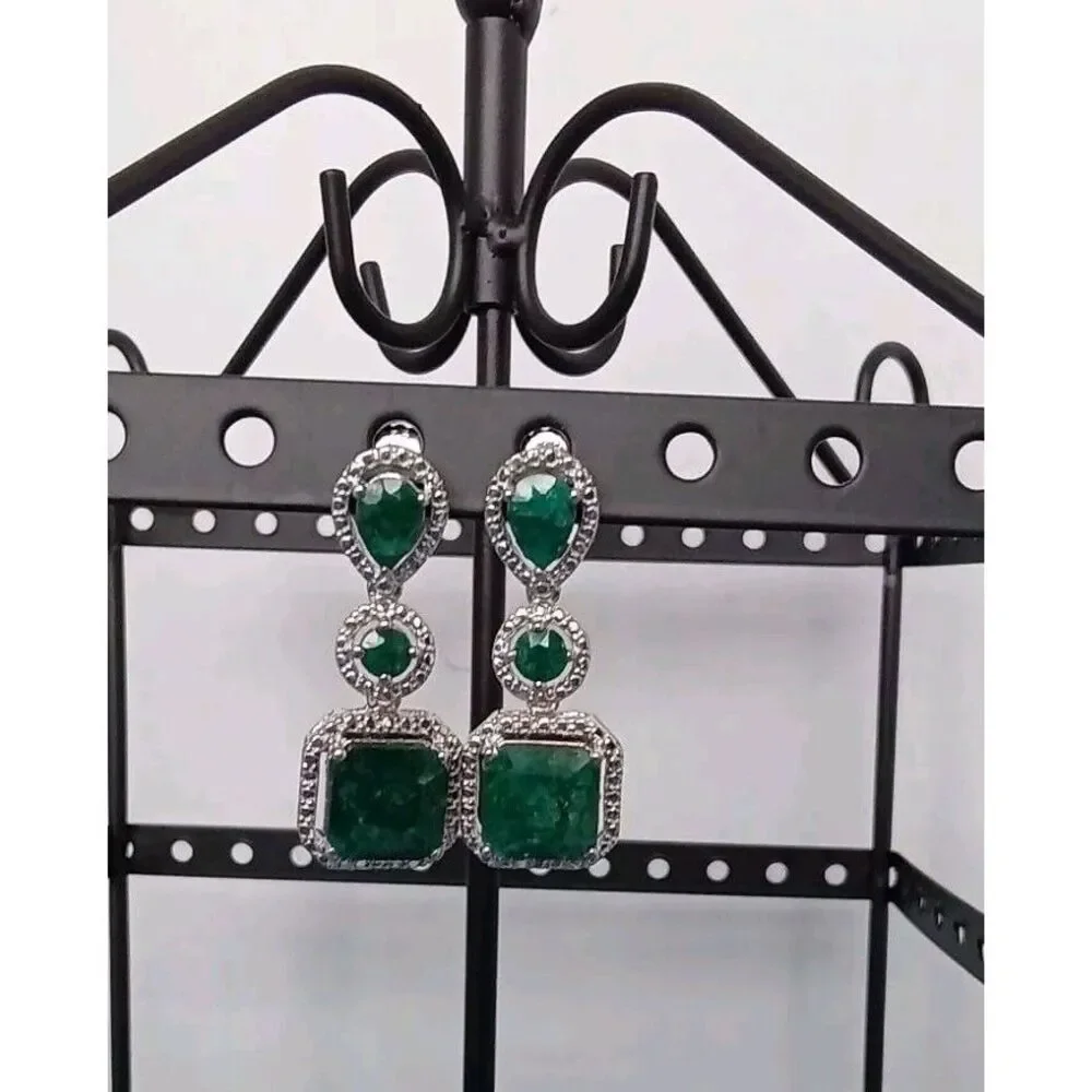 Emerald Dangle Earrings - Statement Jewelry, Green Gemstone, Silver Tone‎